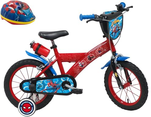 A.T.L.A.S. Spindelmannen/Marvel barncykel utrustad med 2 bromsar, dekorativ frontplatta, bakre behållare och Spiderman-hjälm ingår, röd identisk med bilderna