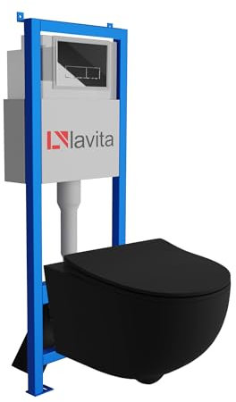 lavita LAV 101 Elemento de Pared para Inodoro 40 cm + Inodoro Lavabo suspendido Brava Negro sin Borde + Panel de Control LAV 200.3.2 Cromado | Conjunto Completo | Cisterna empotrada | Juego co