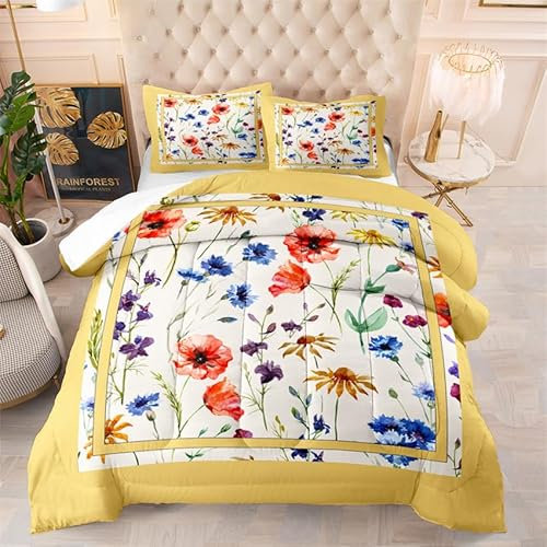 Bettdecke 140X200 Bunte Blumen Bettdecke 200Gsm, Dünne Und Leichte Steppdecke,Antiallergisch 4 Jahreszeiten Bettdecken,Weiche Mikrofaser Bettdecken Mit Kissenbezüge