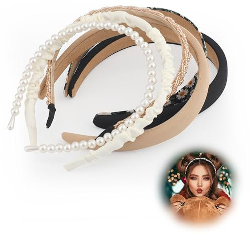 6 Teilige Haarreifen Damen Mehrere Stile Perlenhaarband Haarreifen Damen Glitzer Einfarbige Haarreif Gänseblümchen Gemusterte Haarreifen Mädchen