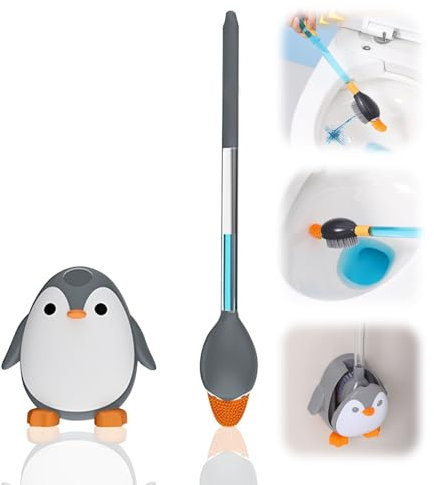 Klobürste Silikon, Toilettenbürste Pinguin Klobürste Silikon mit Flachem und Biegsamem Kopf Klobürste mit Randreiniger Toilettenbürste Silikon Klobürste Wandmontage mit Aufbewahrung (Grau)