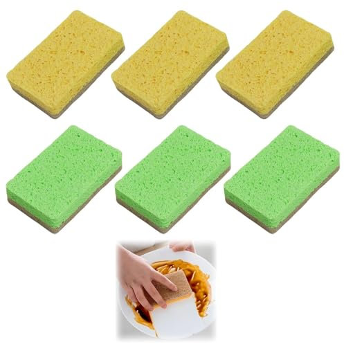 KUEEA Spugne da Cucina Lavabili 6 Pezzi – Spugne Ecologiche Biodegradabili Doppia Superficie per Pulizia Intensa e Delicata, Resistenti e Assorbenti per Piatti e Superfici
