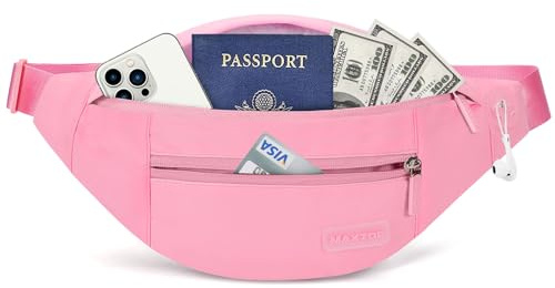 MAXTOP Large Bumbag Waist Fanny Pack Running Belt for Men Women Unisex Bum Bag with Headphone Jack and 4-Zipper Pockets Adjustable Belt for Travel Running Jogging Workout Hiking Gifts Pink