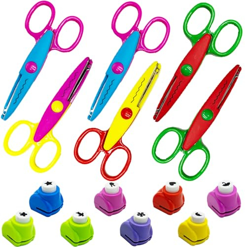 Juego de 6 pares de tijeras de bricolaje para niños, 8 piezas, perforadoras de papel con diferentes patrones de corte, tijeras de colores para niños, para sellos y manualidades creativas, decoración