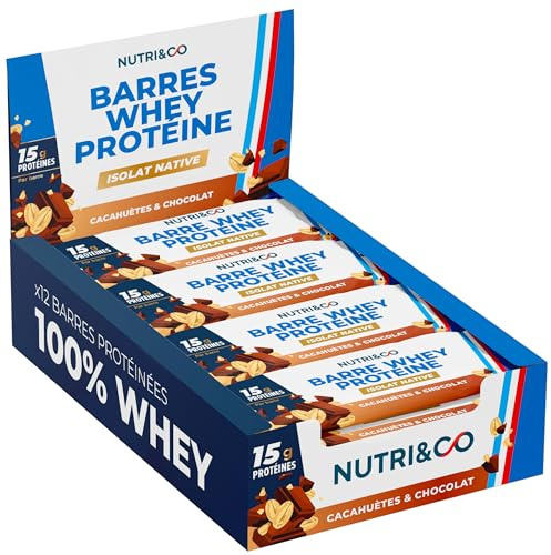 NUTRI & CO Barres Protéinées Whey Isolat Native - 15g de Protéines - Musculation & Récupération - 100% Clean sans protéines végétales ni Huile de Palme – Lot de 12 Barres Cacahuètes & Chocolat