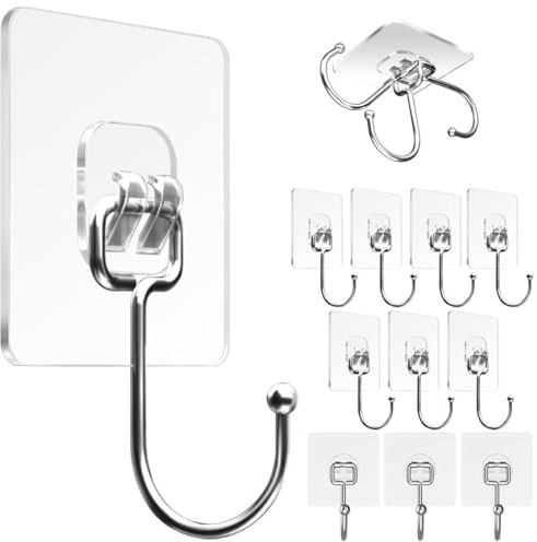 PAIDASHU Self Adhesive Hooks, Heavy Duty Adhesive Wall Hooks, Max 10KG/22lb,Nail Free Sticky Hangers,for Bathroom, Kitchen, Towels, and More (12 Pack)