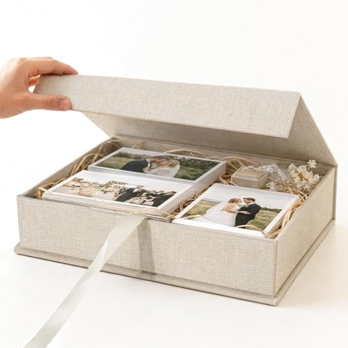 Hiwhy Fotos Caja de Almacenamiento 20x25 cm, Caja Organizadora en Lino, Recuerdos para Guardar Fotos, Imágenes, Certificados, Accesorios para Álbum de Recortes, Recuerdos y Joyas Beige