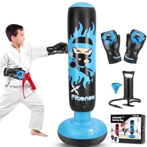 Fitense Saco de Boxeo Niños, 160cm Boxeo Saco Inflable con Guantes y Bomba, Punching Ball Estable para 3-12 Años, Set Regalo Saco de Boxeo de Pie para Práctica de Karate, Taekwondo, MMA,Ninja Azul