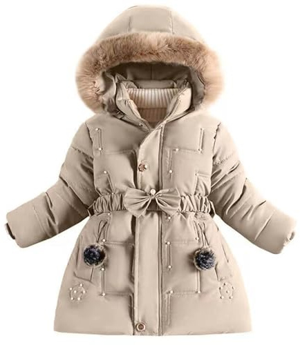 Generisch 2025 Abrigos de invierno para niñas Chaquetas de forro polar con capucha de piel sintética Ropa exterior Cazadora, caqui, 6-7 años