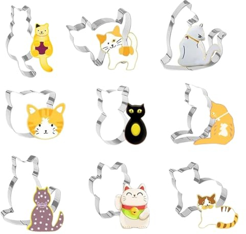 THQAE 9Pcs Cortador de Galletas Gatos, Moldes de Galletas Gatos para niños, Cortador de Galletas de Acero Inoxidable, Moldes para Hornear Fondant
