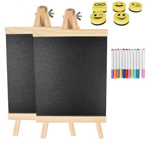 Pack de 2 Mini Ardoises avec Support Bois Pliable - Tableau Noir Craie et Tableau Craie - Dimensions 17,5 x 16 cm, Inclus 12 Crayons Fluorescents et 5 Effaceurs EVA avec Micro-aimant