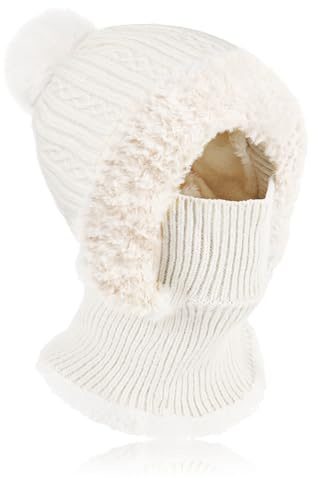 AYPOW Hiver Chaud Tricoté Bonnet et Ensembles De Cache-Cou, Balaclava Chapeaux Femme Écharpe à Capuche Cagoule Coupe-Vent Avec Pompon Doublure Polaire Masque Facial Pour De Plein Air