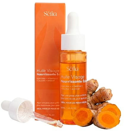 Séfia - Huile Visage Éclat au Curcuma 30 ml - Jojoba + Avocat + Argan - Nourrit, Illumine & Unifie le Teint - Soin du Soir - Peaux Sensibles & Sèches