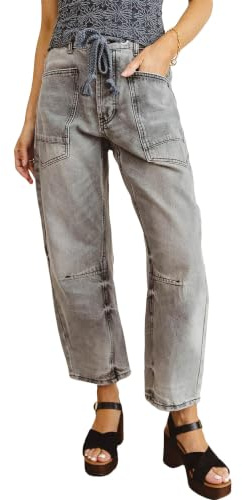 JEShifangjiusu Kvinnors tunna jeans elastisk dragsko lös breda ben denimbyxor Y2k säckiga pojkvän jeans