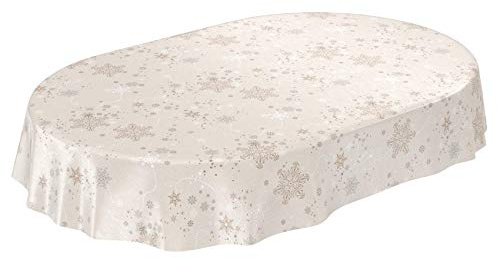 ANRO Vaxbordsduk, vaxduk, bordsduk, jul, snöflingor, beige, 180 x 140 cm (oval, skärkant