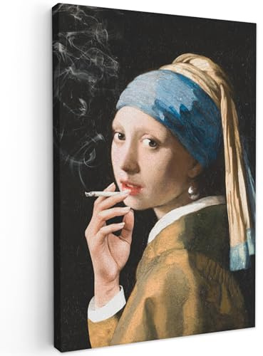 MuchoWow Leinwand Bilder, Einzigartige Wanddeko mit Rahmen, Mädchen mit Perlenohrring - Johannes Vermeer - Zigaretten, Wandbilder Wohnzimmer, Deko Schlafzimmer 60x90 cm