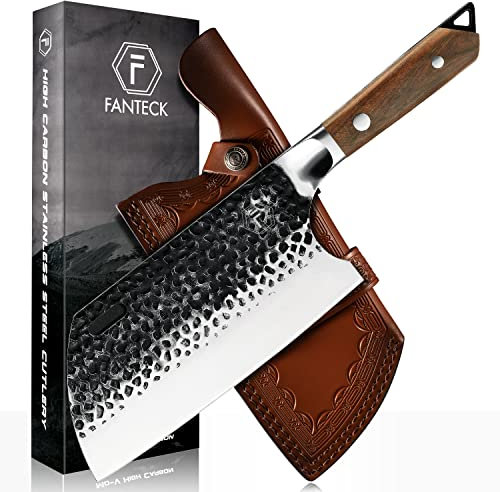 FANTECK Coltello da Cucina Cinese 20cm, Coltello da Macellaio Professionale Fatto a Mano, Coltelli da Cuoco Cinese Mannaia Full Tang da Campeggio All'aperto con Fodero in Pelle