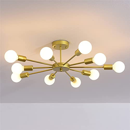 JIINOO Suspension Luminaire Lustre Encastré, Lustres Modernes En Or, 10 Lumières E27 Base Industrielle Semi Plafonnier Pendentif Lumière Éclairage de Plafond Luminaire pour Chambre Salon Cuisine Ferme