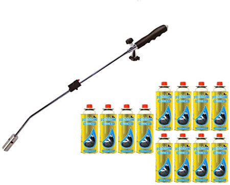 Butane Weed Burner Gas Canister Blowtorch Garden Torch Weeds Killer Burner with Adjustable Flame Outdoor Moss Fungus Weed Wand + 12 Canisters