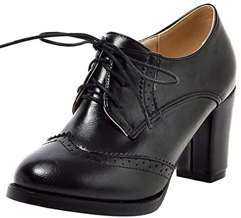 Diuniarza Oxford Mujer, Retro Tacón Alto Brogue Cordones Tacón Ancho Zapatos De Vestir Negro Talla 39 EU