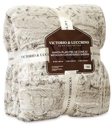 Victorio & Lucchino Manta Plaid Piel De Conejo Imitacion con Reverso Sherpa - Manta Suave para el Sofa o para Cama (VL-80518) (Beige, 130 X 160 Cm)