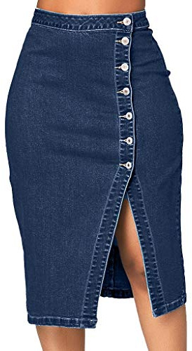 Gonna in jeans da donna lunga con spacco, lunghezza al ginocchio, gonna a matita, elegante gonna midi con bottoni, gonna estiva al ginocchio, elasticizzata, per feste, estive, in denim, Blu, M