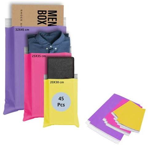 Infaby Enveloppe Plastique Expédition (45 Pcs) - Emballage Colis Vinted Épaisse de 110 Microns - 3 Tailles en 3 Couleurs (Violet, Rose, Jaune) - Enveloppes Résistantes aux Déchirures
