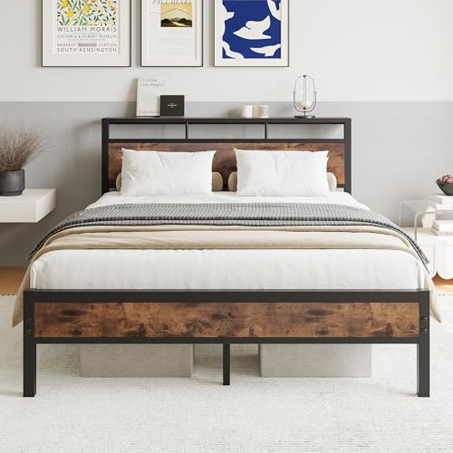 JELUTE King Bed Frame with Wooden Storage Shelf Headboard, Metal Platform Bed Frame, No Box Spring Needed, Noise Free, Reinforced Strong Support Leg, Black