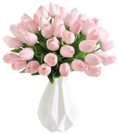 CHUANGOUONLY 12 pièces Fleur Artificielle Tulipe，Bouquet Fleur Artificielle，pour Mariage,Maison,fête,Festival,Arrangements Floraux.（Poudre Peu Profonde）