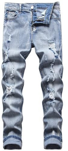 Jeans da uomo slim fit elasticizzati strappati a tubo per uomini, distressed destroyed regular a gamba dritta moda comfort vita flex pantaloni jeans, adolescenti moda casual skinny designer pantaloni