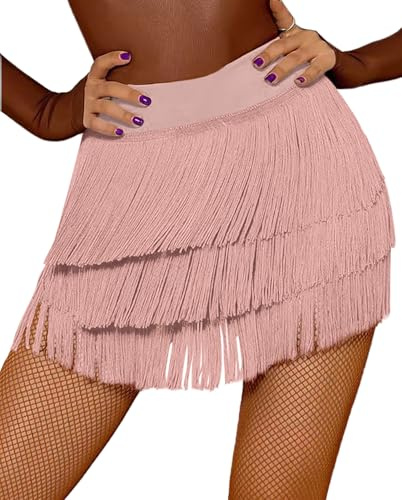 SEAUR Falda latina para mujer con flecos, falda de baile con pantalones cortos, tango rumba cha, cha, samba, entrenamiento, ropa de baile, longitud de la falda 38-39 cm - EU S-XL (Aisa M-2XL), Rosa.,