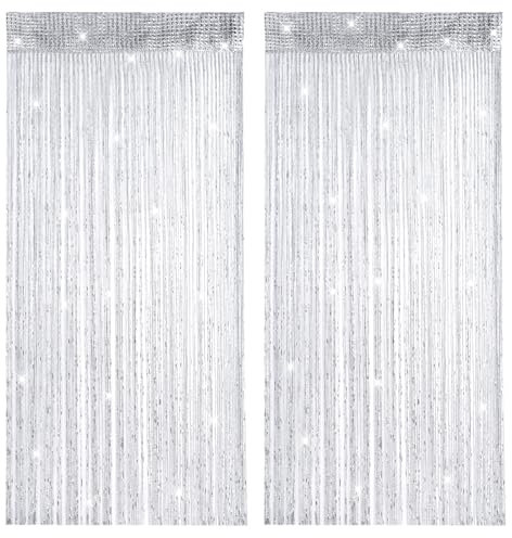 2 Stück Fadenvorhang Insektenschutz, 100x200 cm Fadengardine, Türvorhang Fadenvorhang, Fadenvorhänge, Glitzer Fadengardine, Waschbar, für Hochzeit, Café, Restaurant, Schaufensterdekoration (Grau)