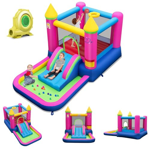 GOPLUS Chateau Gonflable Exterieur Princesse, Aire de Jeux Gonflable avec Toboggan, Piscine Balles, Panier de Basket et Sac de Transport pour Enfants 3-12 Ans,Max. 45KG (avec Souffleur 450W)