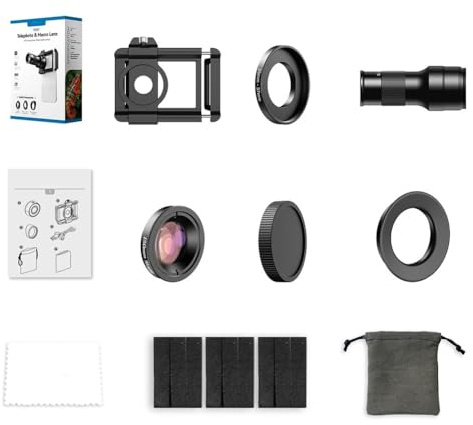 Opatiny Kit de teleobjetivo macro 6X para smartphone, cristal óptico de 10 lentes con revestimiento multicapa, compatible con la mayoría de teléfonos, color negro