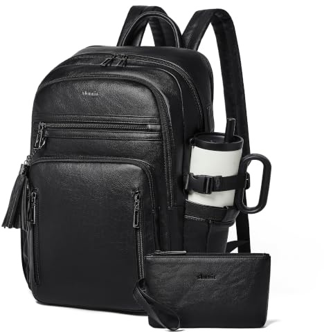 Shrrie Unisex 28L läderryggsäck med laptopfack upp till 17 tum, USB-port, RFID-väska, perfekt för resor till arbete, studier och helger., Tvåfärgad svart