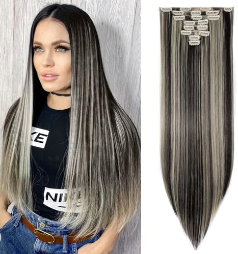 TESS Clip in Extensions wie Echthaar Kunsthaar Haarteil günstig 8 Tressen 18 Clips Haarverlängerung Glatt Schwarz/Blond 26(66cm)-140g