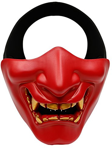 AOUTACC Airsoft Half Face Masks, Evil Demon Monster Kabuki Samurai Hannya Oni Half Face Protective Masks for Masquerade Ball, Party, Halloween, Cs War Game, BB Gun(Red)