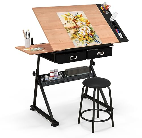 COSTWAY Mesa de Dibujo para Arte, Diseño Ángulo y Altura Ajustable, Escritorio para Oficina con Cajón Silla (Natural)