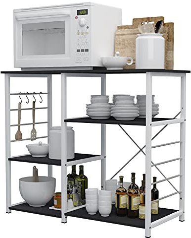 sogesfurniture Küchenregal Mikrowellenhalter, 3+3 Ablage Bäcker Regal Standregal Metallregal Stabil Haushaltsregal platzsparend Küchenregallagerung, Schwarz&Walnuß