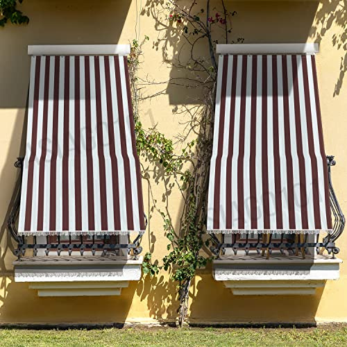 Toldo de sombreo casa Oficina con Kit Ganchos Anillas Tejido Resistente antidesgarros para Exterior Porche balcón Puerta Ventana jardín cenador Lavable Color marrón Blanco a Rayas 150 x 250 cm