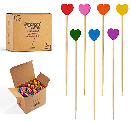 FOOGO Green 150pcs Bamboo Cocktail Sticks, FSC® Certified, 9cm Fancy Multi-Coloured Heart skewers, Cocktail Accessories for Drinks, Party Food Picks, Sturdy compostable Eco-Friendly Wooden Sticks