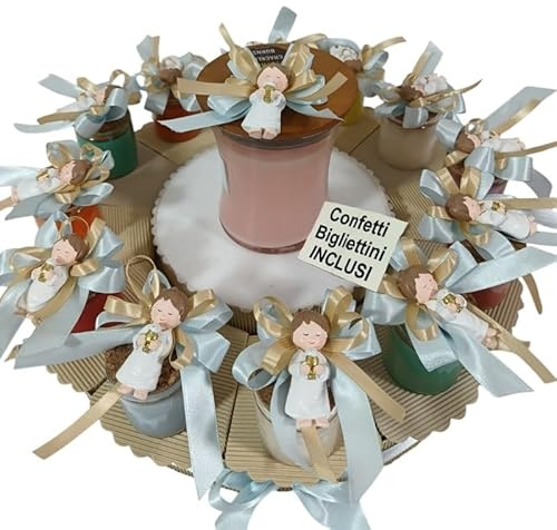 Torta bomboniere comunione maschio candele profumate con calamita angioletto bimbo con calice tra le mani + centrale giara bigliettini e confetti inclusi (12 fette)