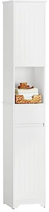 SoBuy Hochschrank Badezimmer – Schrank Badschrank schmal mit verstellbaren Regalen –feuchtigkeitsbeständiges Badmöbel, Badregal aus Holz, Weiß, 30x170x30cm, BZR109-W