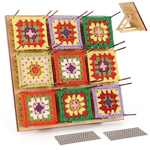 Coopay Grande Planche de Blocage Crochet, 29x29cm Pliable Bloqueur Granny Square en Bois, Accessoires de Crochet Tricot, avec 30 Tiges de Métal