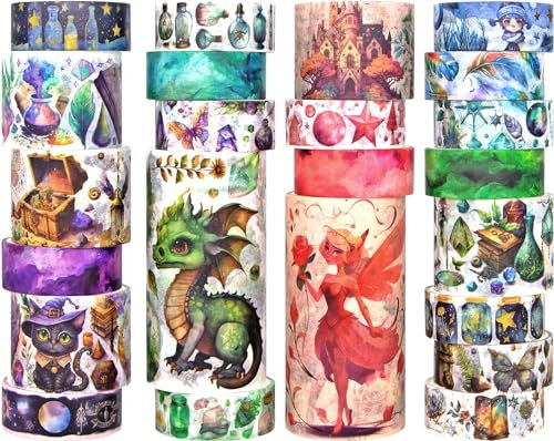 Washi Tape Set 23 Rollen, Magic & Fairy Themed Scrapbook Tape für Bullet Journal Set, farbiges Masking Tape für Scrapbooking Supplies, Junk Journaling, DIY Craft (Dragons/Cats/Castles)