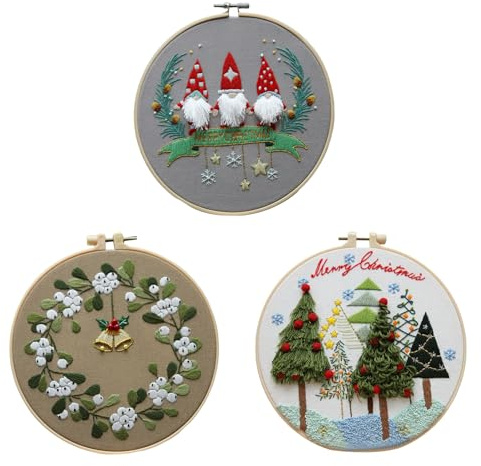 RZXBB Set di 3 ricami per principianti, per ricamo a punto croce, motivo natalizio, con telaio per ricamo, fili colorati e strumenti, set da cucito fai da te, decorazione natalizia (stile C)