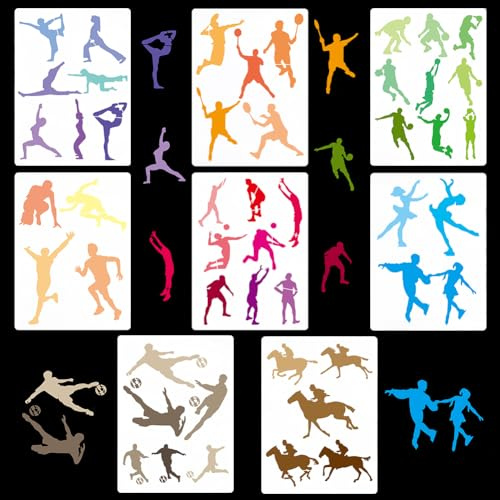 GORGECRAFT 8 Estilo Plantilla de Tema Deportivo 21x15 cm Plantilla de Jugador Deportivo Baloncesto Fútbol Voleibol Tenis Atletismo Ecuestre Yoga Figura Patinador Plantilla de Pintura Reutilizable