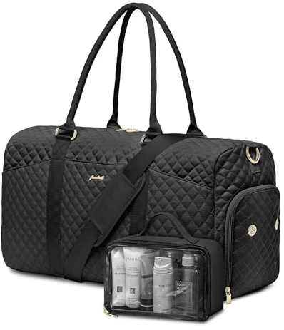 FOCDOD Travel Duffle Bag for Women - Weekender Bags with Shoe Compartment Large Carry on Overnight Tote Bag with Toiletry Bag Traveling Yoga Gym Bags with Wet Pocket Mommy Hospital Bag Black