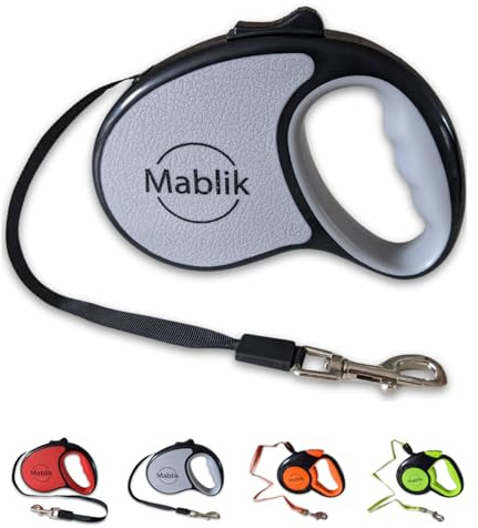 Mablik® Correa Perro Extensible 5 Metros Gris, hasta 15 Kg Correa Extensible Perro Pequeño y Mediano, Cinta Resistente, Botón Frenado. Auto-Enrollado. Mosquetón 360º, Ergonómico. (Gris, 5M)
