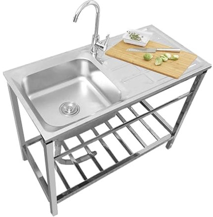 Évier Utilitaire Autoportant, Acier Inoxydable 304, Évier de Cuisine à Une Seule Cuve avec Robinet pour Eau Chaude et Froide Évier d'Extérieur pour Jardin, Garage ou Buanderie(Single layer)